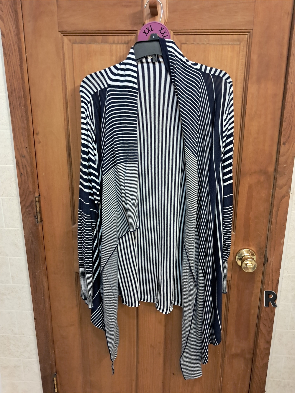 Cato Black & White Striped Draped Open-Front Cardigan